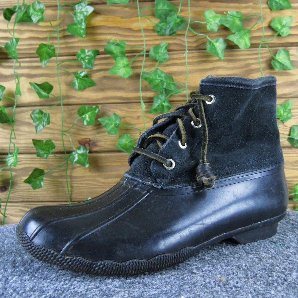 Sperry Top-Sider Saltwater Women 7.5 Black Duck Boots Suede‎ Lace-Up Zip Warm